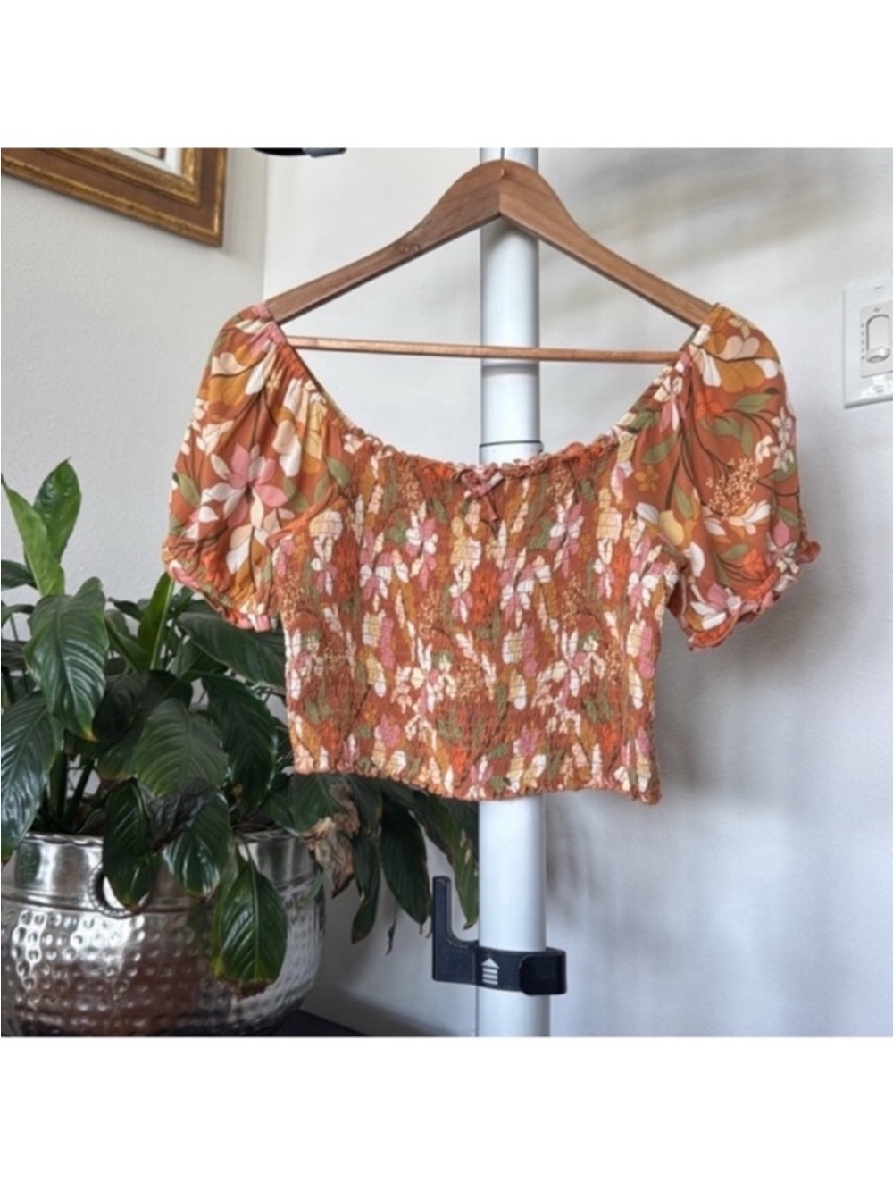 Aerie smocked puff sleeve crop top floral print Sz S Bohemian hippie gypsy